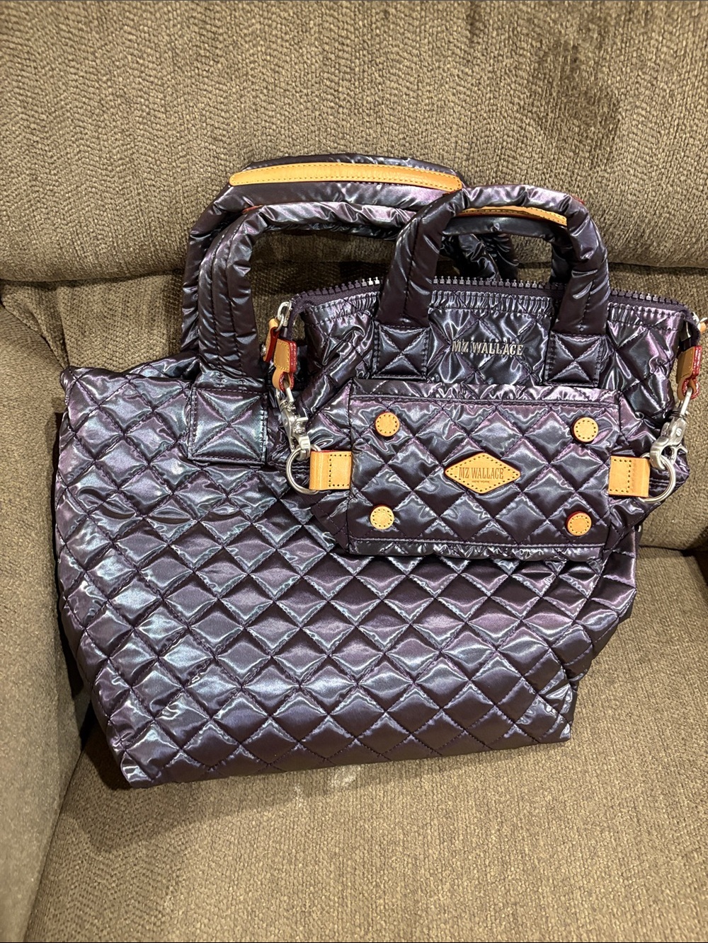 MZ Wallace Quilted Metallic Purple Tote with Tan Accents
